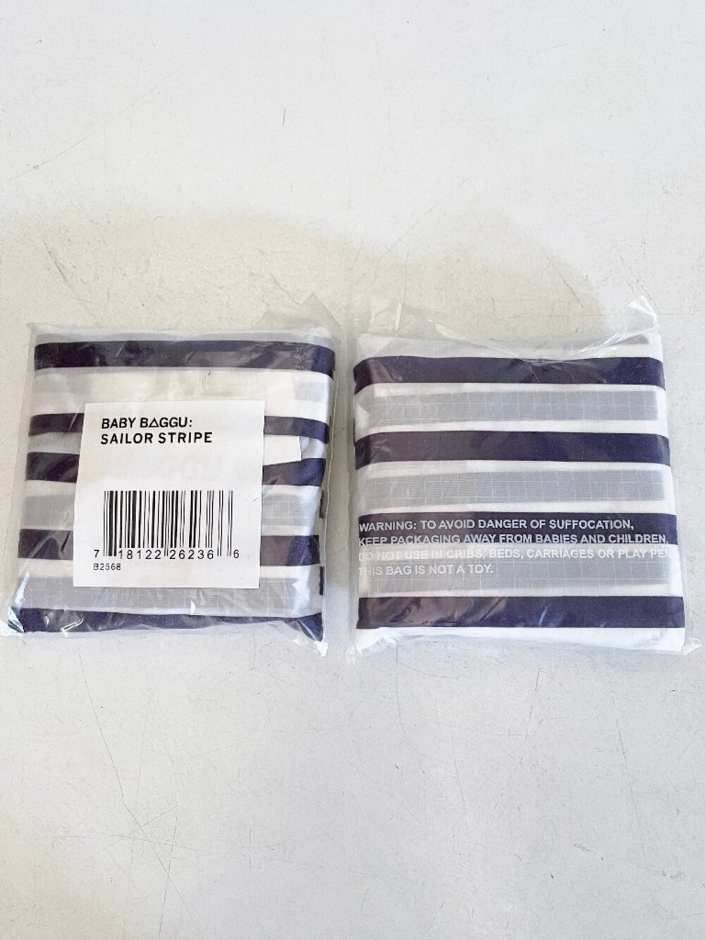 New Bundle Set of 2 Baby Baggu Navy Sailor Stripe Reuseable Packable Tote Bag